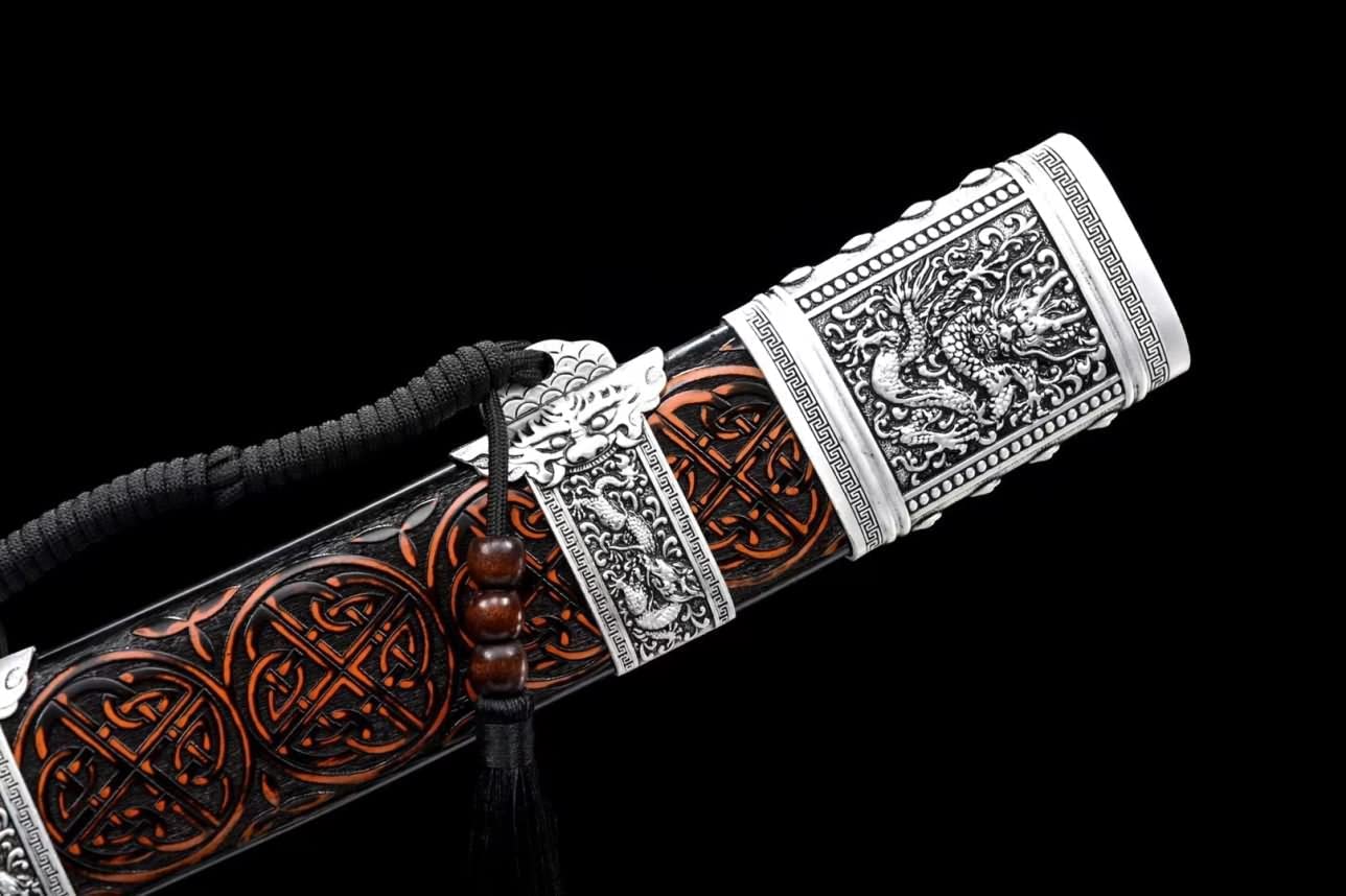 Hand Forged Kangxi Broadsword,1060 Carbon Steel Etch Blade,Carved Wooden Scabbard