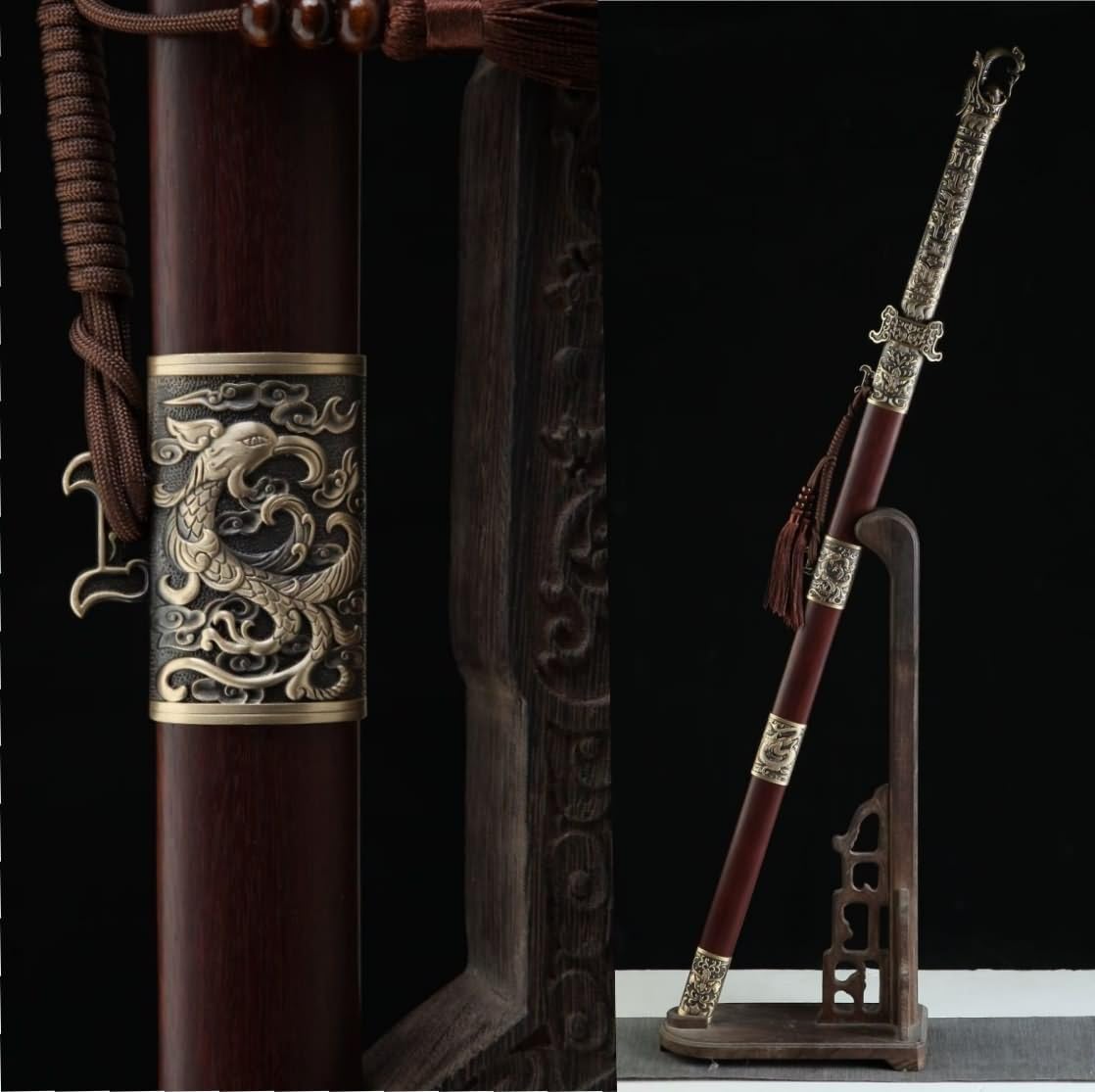Hand Forged Tang Jian Sword ¨C Forged Damascus Steel Blade, Brass Fittings, Rosewood/Ebony Scabbard