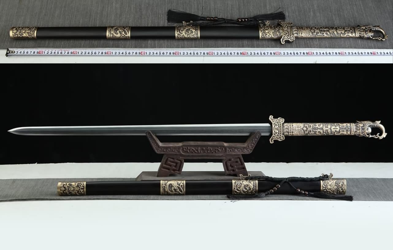 Hand Forged Tang Jian Sword ¨C Forged Damascus Steel Blade, Brass Fittings, Rosewood/Ebony Scabbard