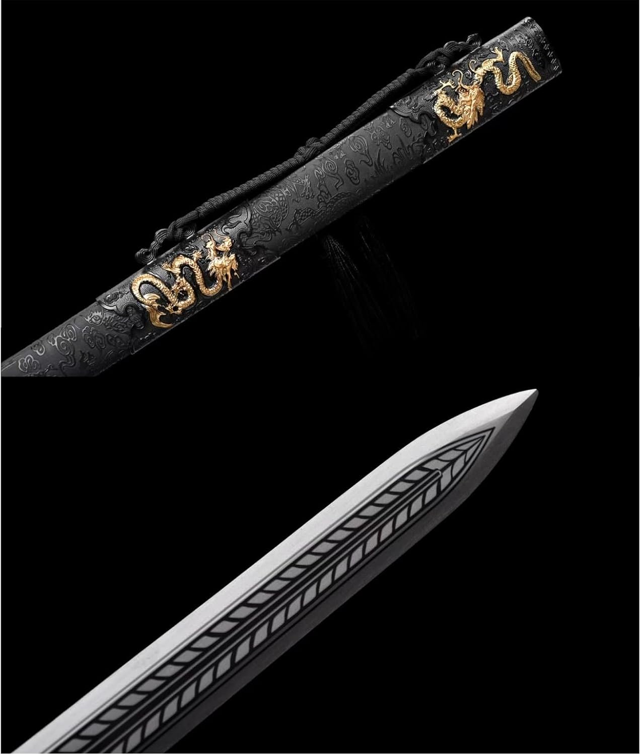 Hand Forged Dragon King Sword,Forged High Manganese Steel Blade,Double-Edged with Etched Dragon Patterns,Faux-Leather Scabbard(1060 Carbon Steel)