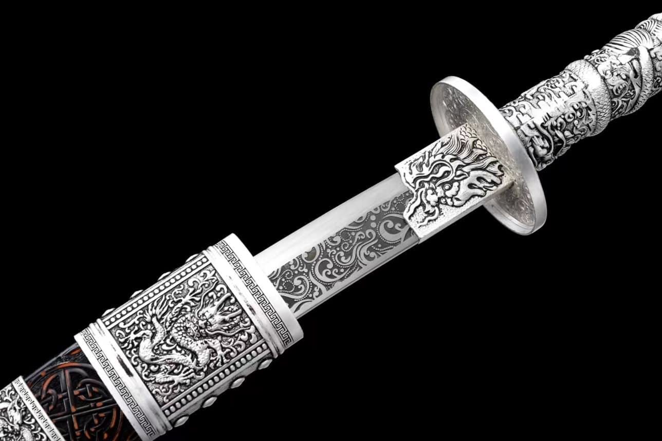 Hand Forged Kangxi Broadsword,1060 Carbon Steel Etch Blade,Carved Wooden Scabbard