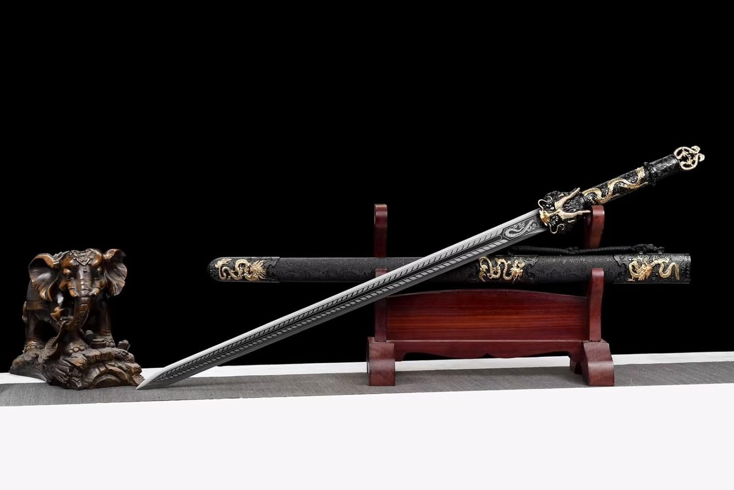 Hand Forged Dragon King Sword,Forged High Manganese Steel Blade,Double-Edged with Etched Dragon Patterns,Faux-Leather Scabbard(1060 Carbon Steel)