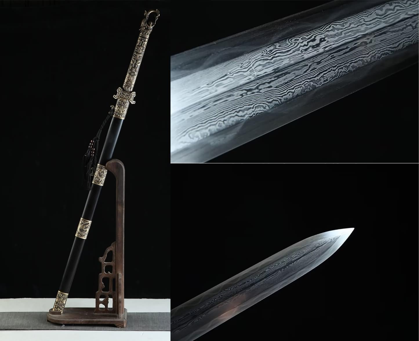 Hand Forged Tang Jian Sword ¨C Forged Damascus Steel Blade, Brass Fittings, Rosewood/Ebony Scabbard