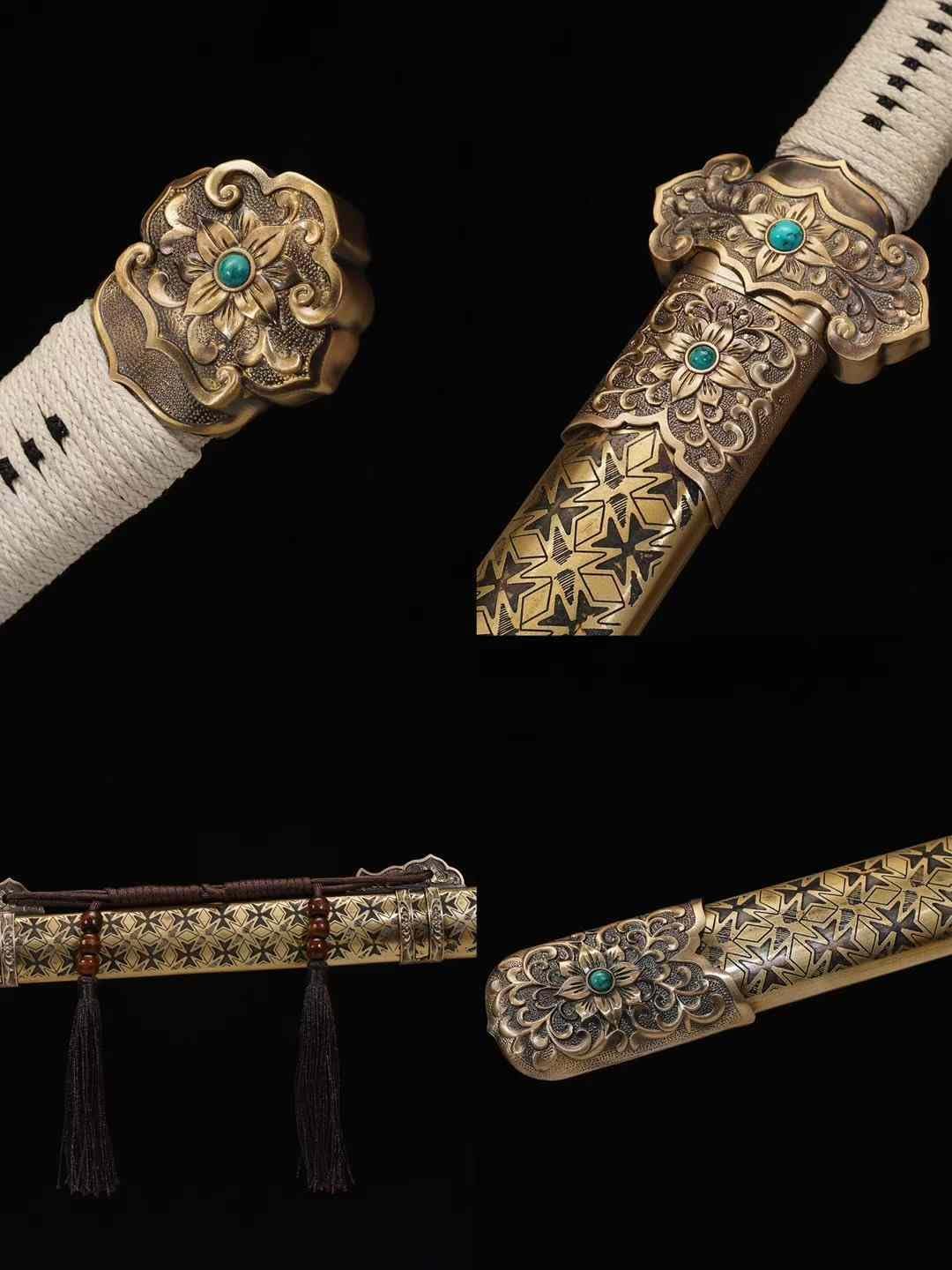 Hand Forged Tang Dynasty Sword ¨C Forged Damascus Steel Blade,Brass Engraved Scabbard