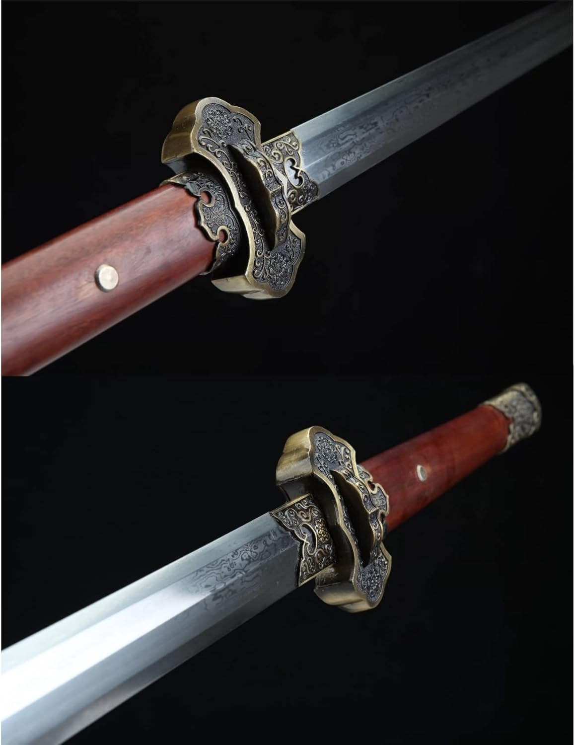 Hand Forged Tang Jian Sword, Hand-Forged Damascus Steel Blade,Ebony Wood Handle, Alloy Fittings