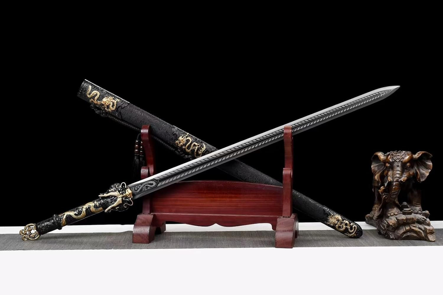 Hand Forged Dragon King Sword,Forged High Manganese Steel Blade,Double-Edged with Etched Dragon Patterns,Faux-Leather Scabbard(1060 Carbon Steel)