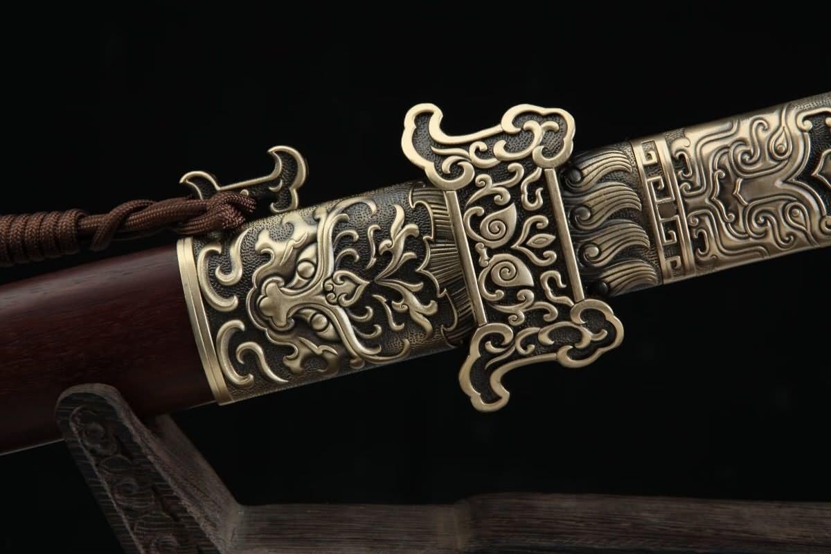 Hand Forged Tang Jian Sword ¨C Forged Damascus Steel Blade, Brass Fittings, Rosewood/Ebony Scabbard