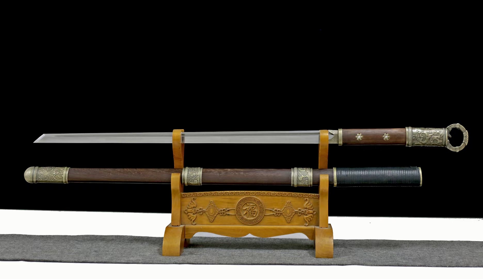 LOONGSWORD,Tang dao,Forged Damascus Steel Blade with Alloy Fittings and Rosewood Scabbard