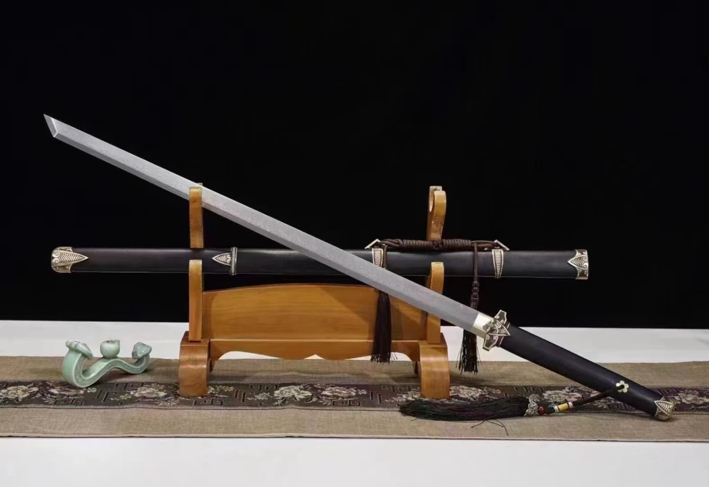 LOONGSWORD,Tang dao Swords-Handcrafted Damascus Steel Blade with Brass Fittings Black Wood Scabbard