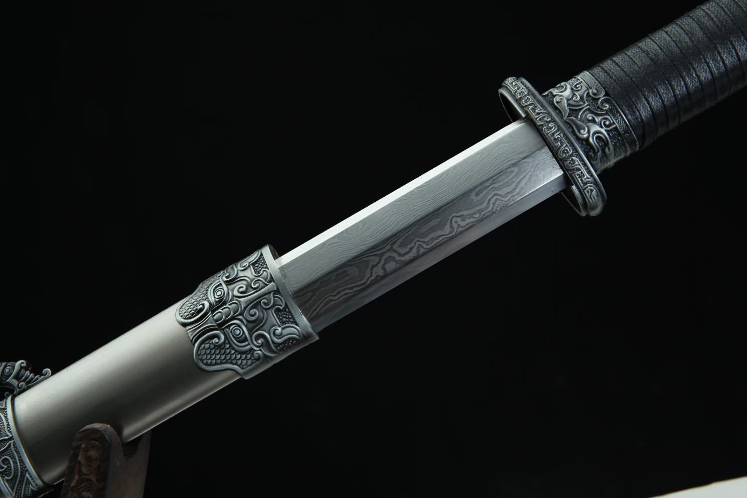 Hand Forged Tang jian - Forged Damascus Steel Blade,Iron Sheet Scabbard