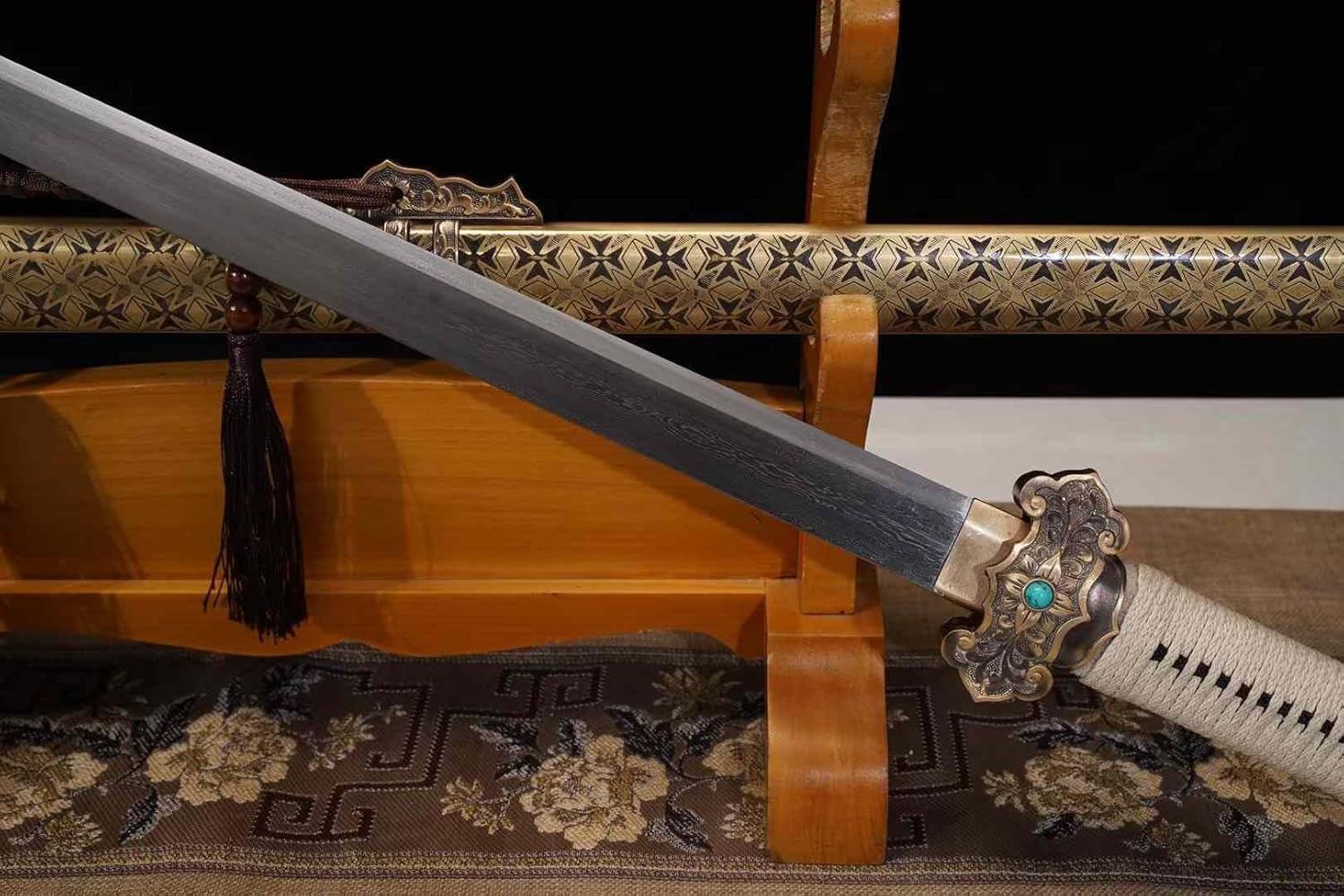 Hand Forged Tang Dynasty Sword ¨C Forged Damascus Steel Blade,Brass Engraved Scabbard