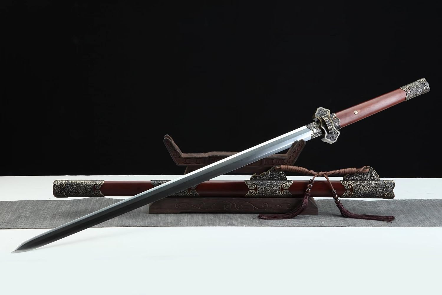Hand Forged Tang Jian Sword, Hand-Forged Damascus Steel Blade,Ebony Wood Handle, Alloy Fittings