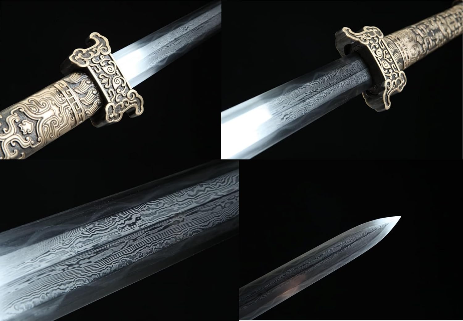 Hand Forged Tang Jian Sword ¨C Forged Damascus Steel Blade, Brass Fittings, Rosewood/Ebony Scabbard