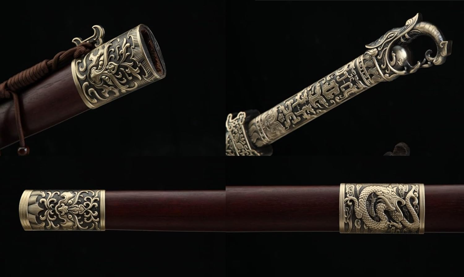 Hand Forged Tang Jian Sword ¨C Forged Damascus Steel Blade, Brass Fittings, Rosewood/Ebony Scabbard