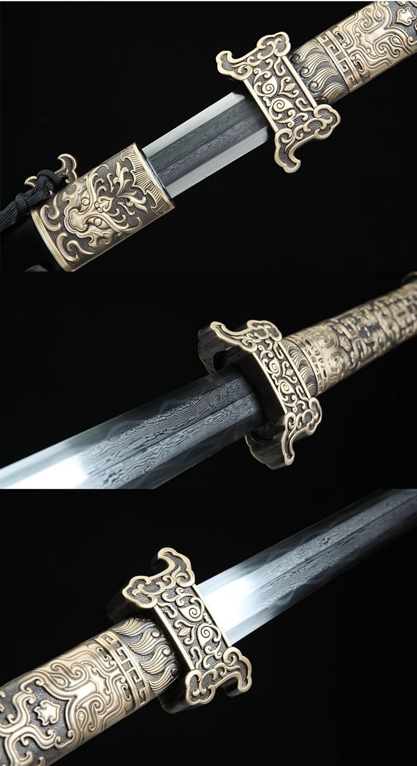 Hand Forged Tang Jian Sword ¨C Forged Damascus Steel Blade, Brass Fittings, Rosewood/Ebony Scabbard