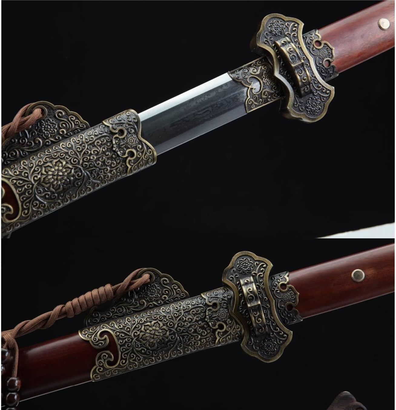 Hand Forged Tang Jian Sword, Hand-Forged Damascus Steel Blade,Ebony Wood Handle, Alloy Fittings