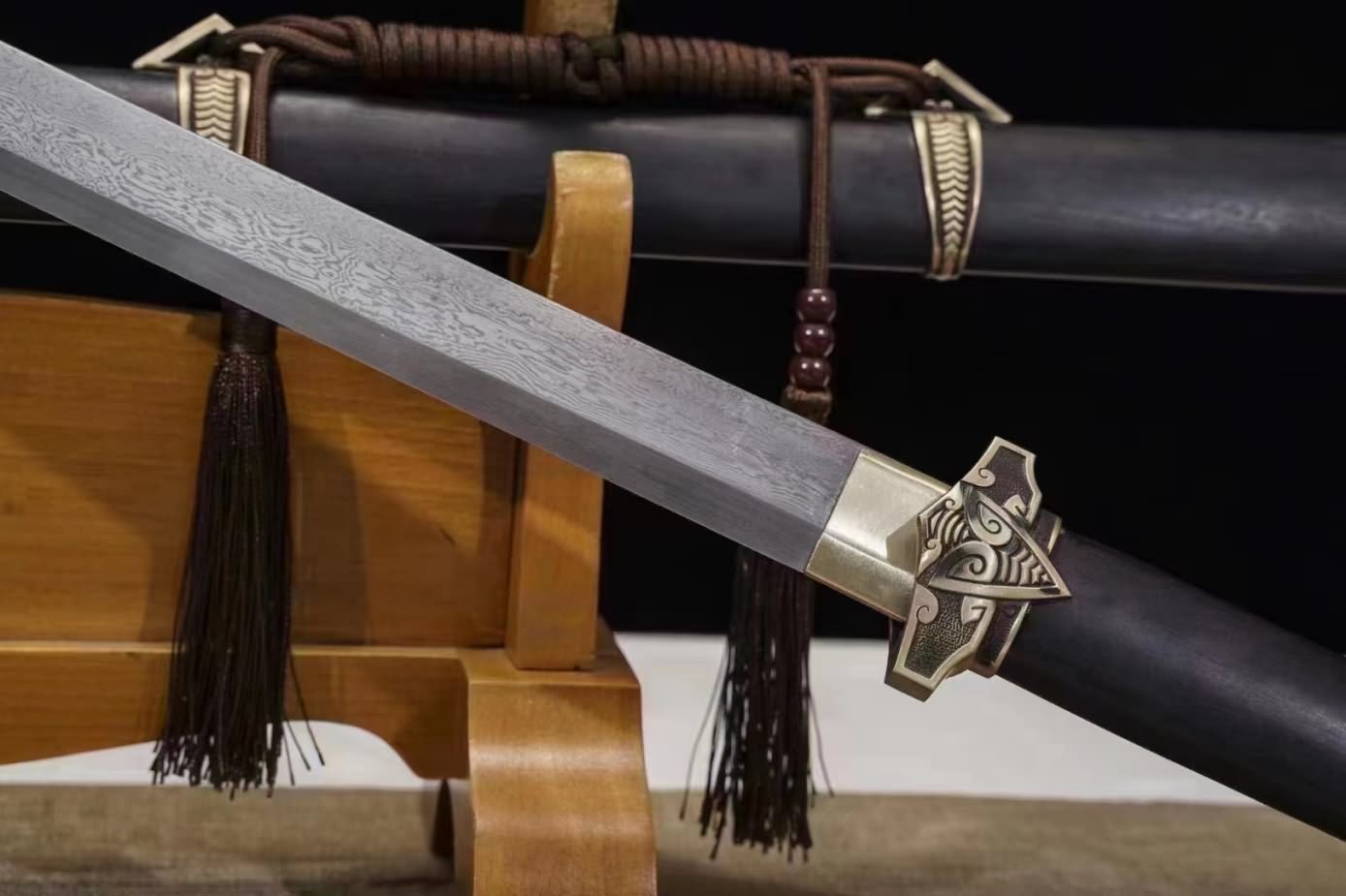 LOONGSWORD,Tang dao Swords-Handcrafted Damascus Steel Blade with Brass Fittings Black Wood Scabbard