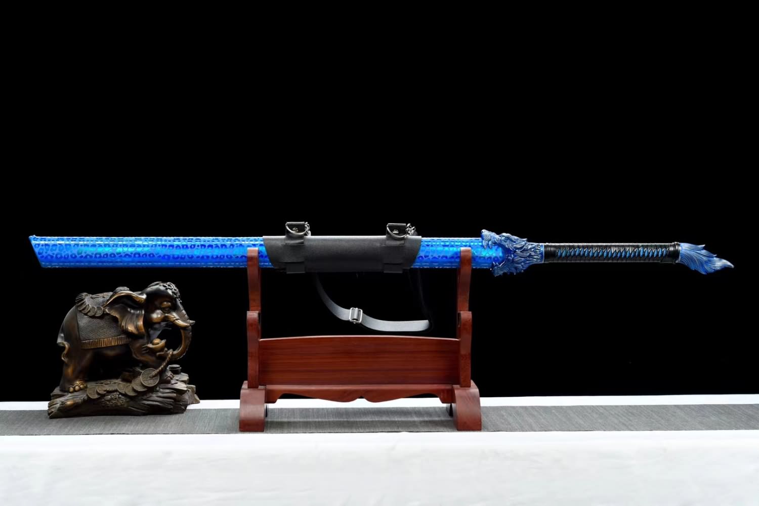 Handcrafted Blue Wolf-Head Dao Swords Real with Forged High Carbon Steel Blade- Faux Leather Scabbard and Alloy Fittings