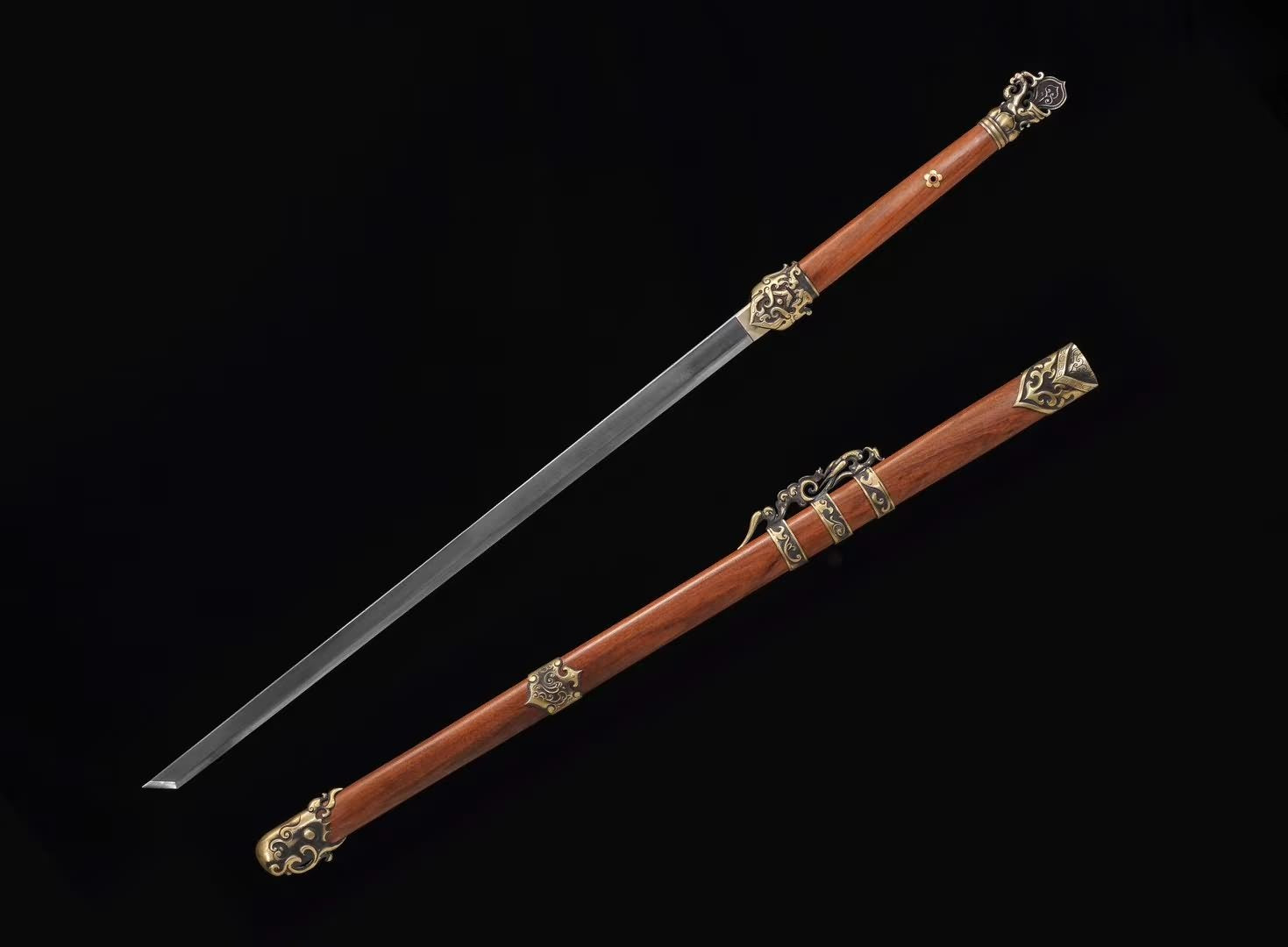 Rosefinch Tang dao Swords-Handcrafted Damascus Steel Blade with Brass Fittings Rosewood Scabbard