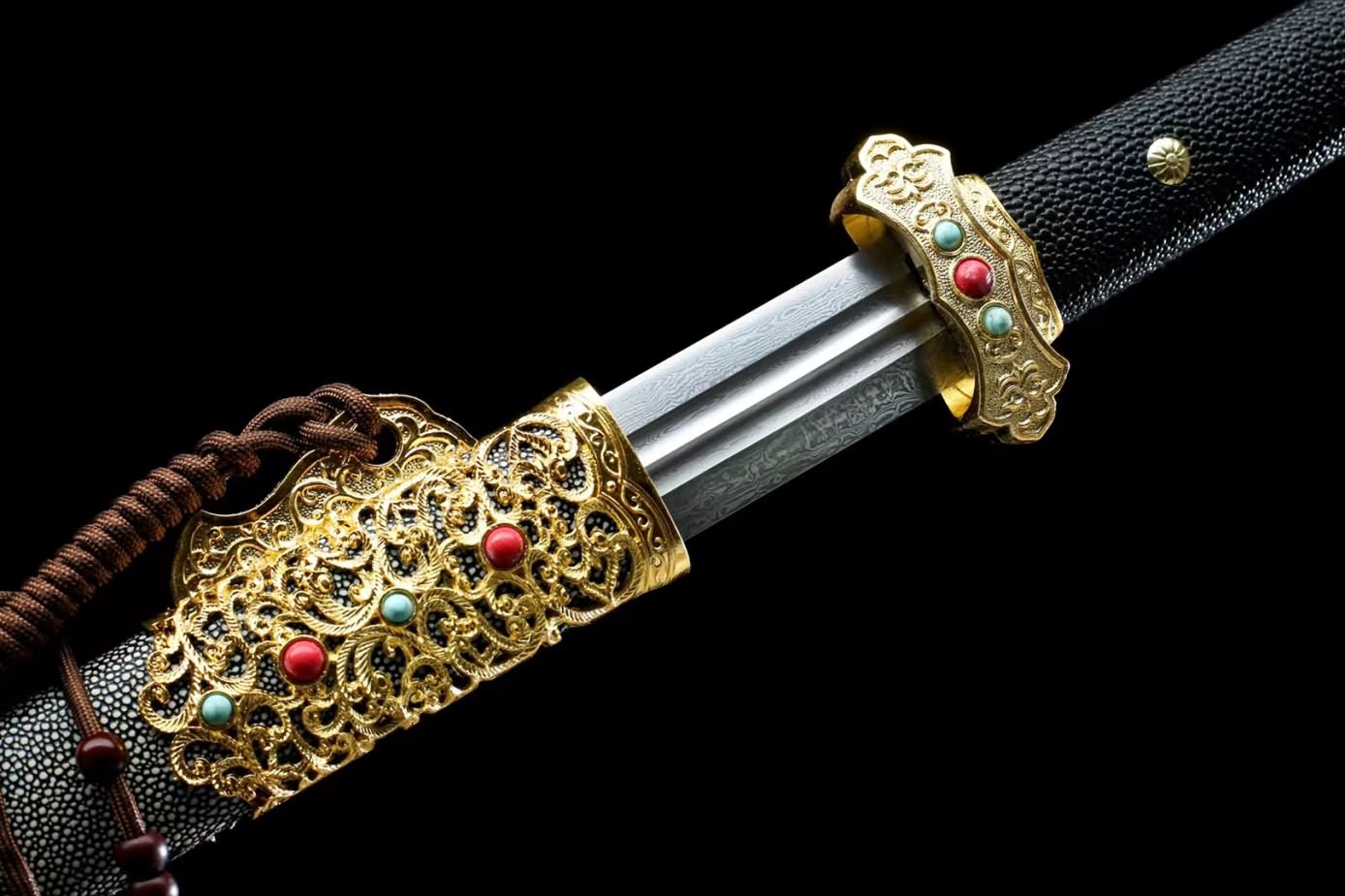 Tactical Swords Damascus Steel Blade,Alloy Fittings,Fake Stingray Skin Scabbard,LOONGSWORD