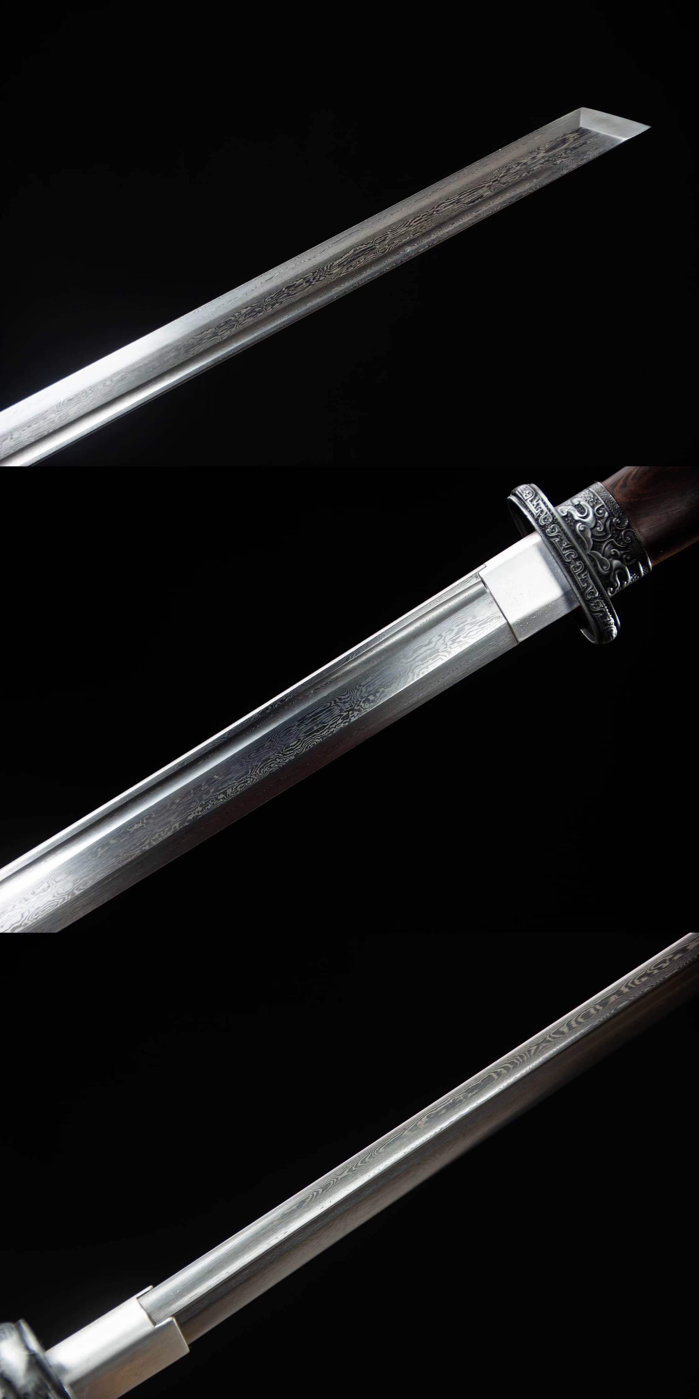 Traditional Chinese Tang dao Sword with Damascus Steel Blade and Alloy Fittings - Rosewood Scabbard