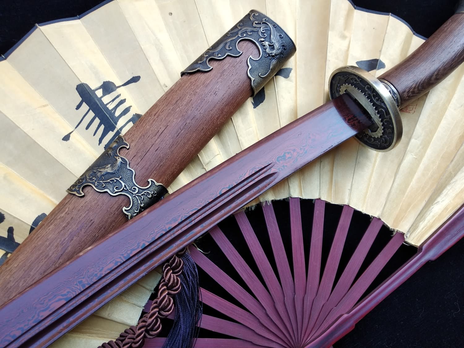 Qing dao sword,Damascus steel red blade,Rosewood scabbard,Alloy fittings - Chinese sword shop