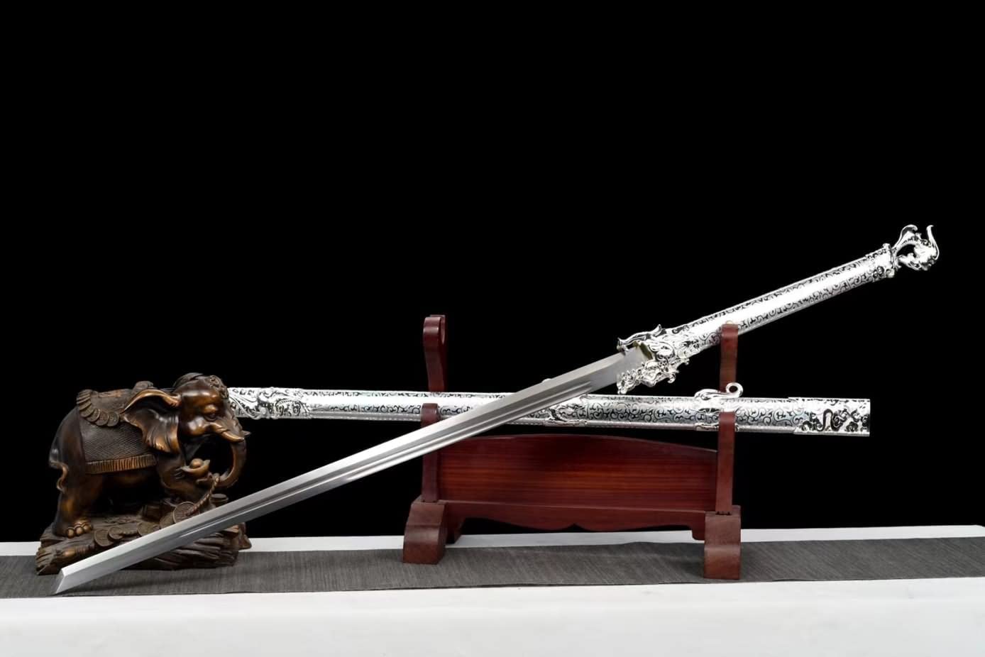 Silver Tang dao high Carbon Steel,Alloy Fittings,Wood PU Scabbard,LOONGSWORD