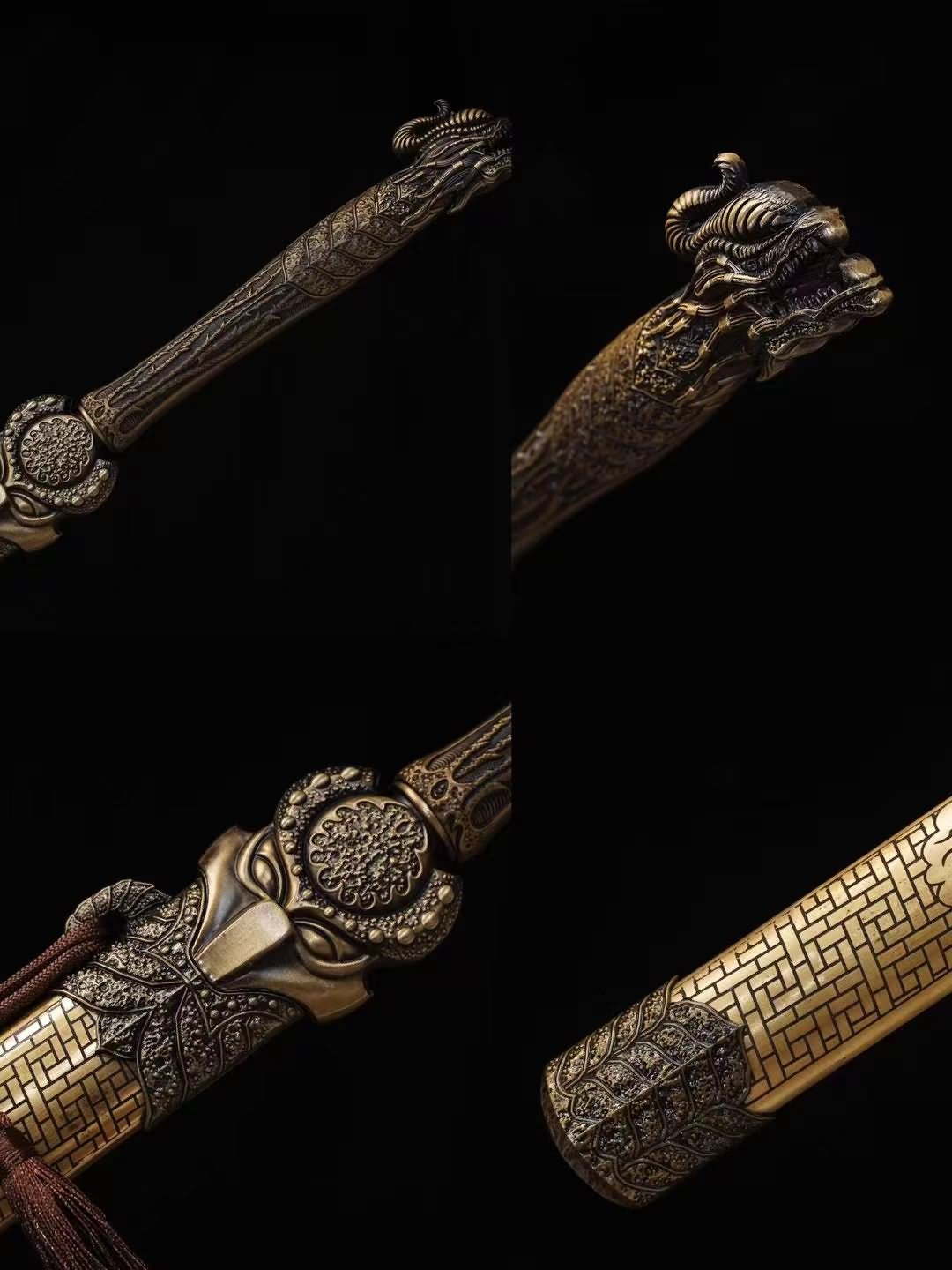 Traditional Chinese Tang Dao Sword-Hand Forged Damascus Steel Blade,Brass Scabbard