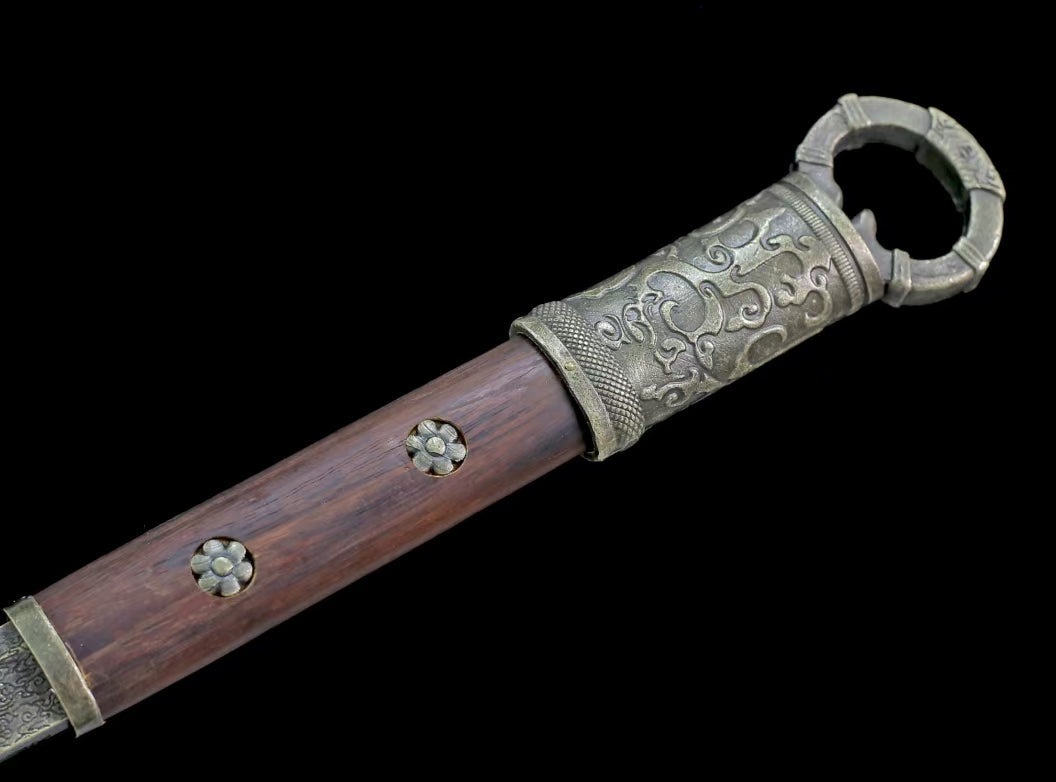 LOONGSWORD,Tang dao,Forged Damascus Steel Blade with Alloy Fittings and Rosewood Scabbard