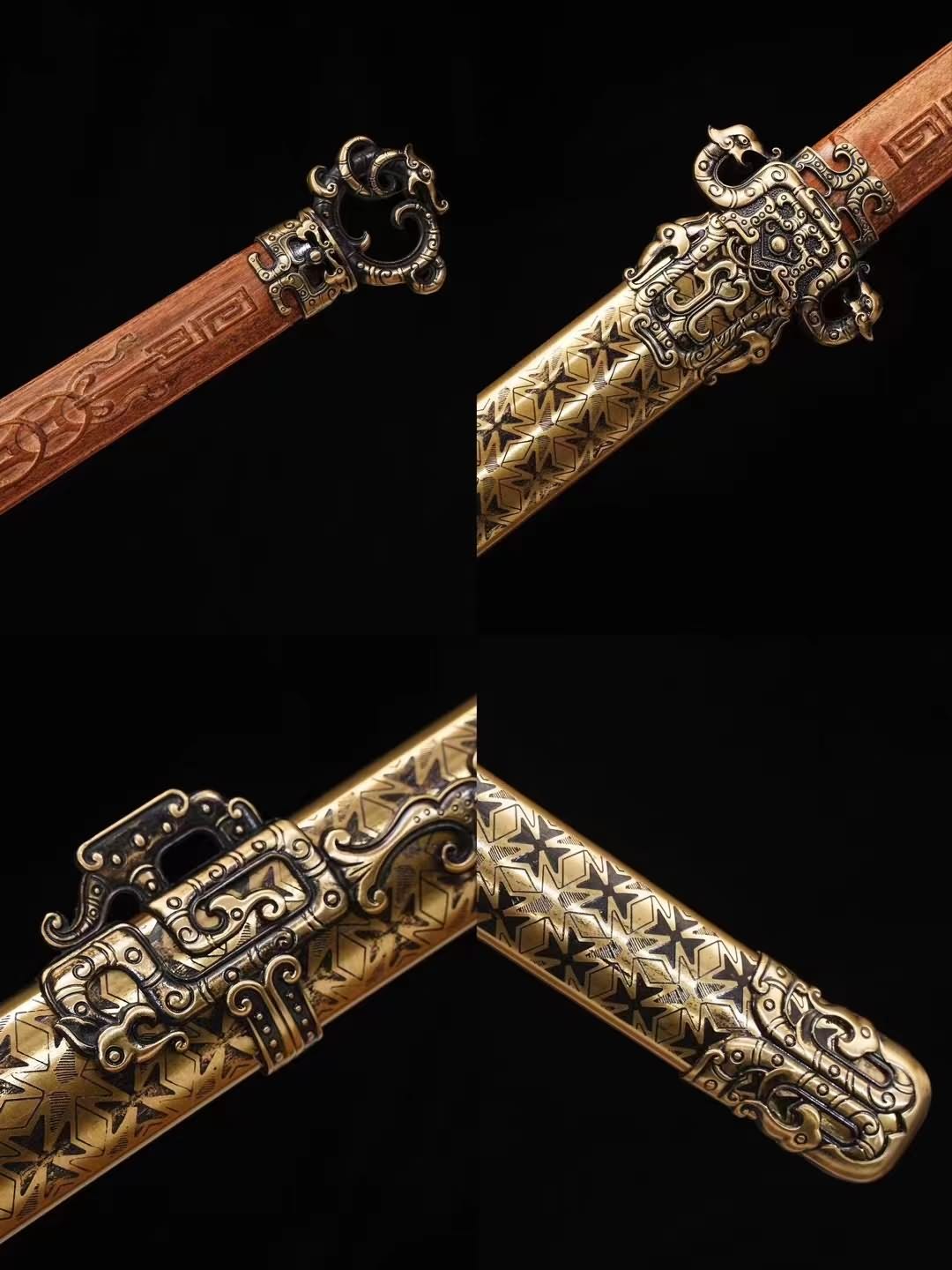 LOONGSWORD Chinese Sword Tang dao -Forged Damascus Steel Blade, Brass Scabbard, Collectible and Functional