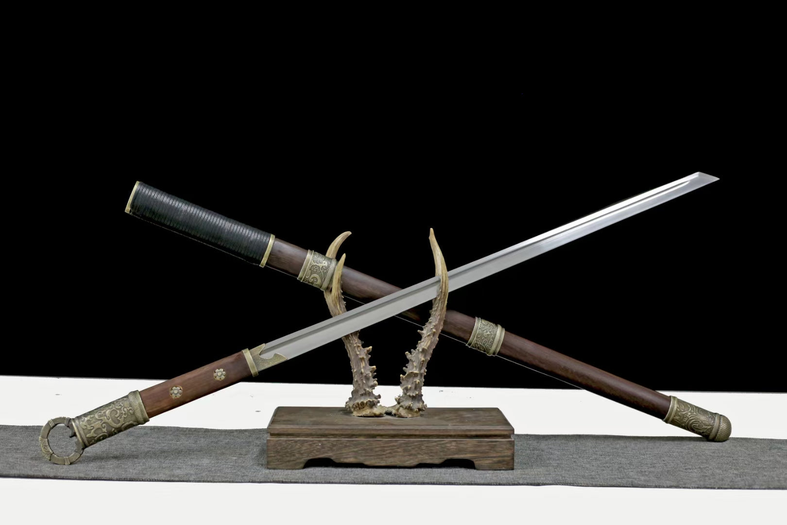 LOONGSWORD,Tang dao,Forged Damascus Steel Blade with Alloy Fittings and Rosewood Scabbard