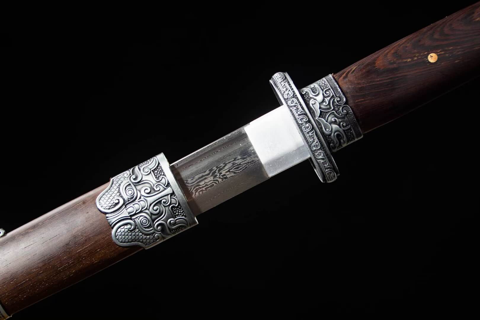 Traditional Chinese Tang dao Sword with Damascus Steel Blade and Alloy Fittings - Rosewood Scabbard
