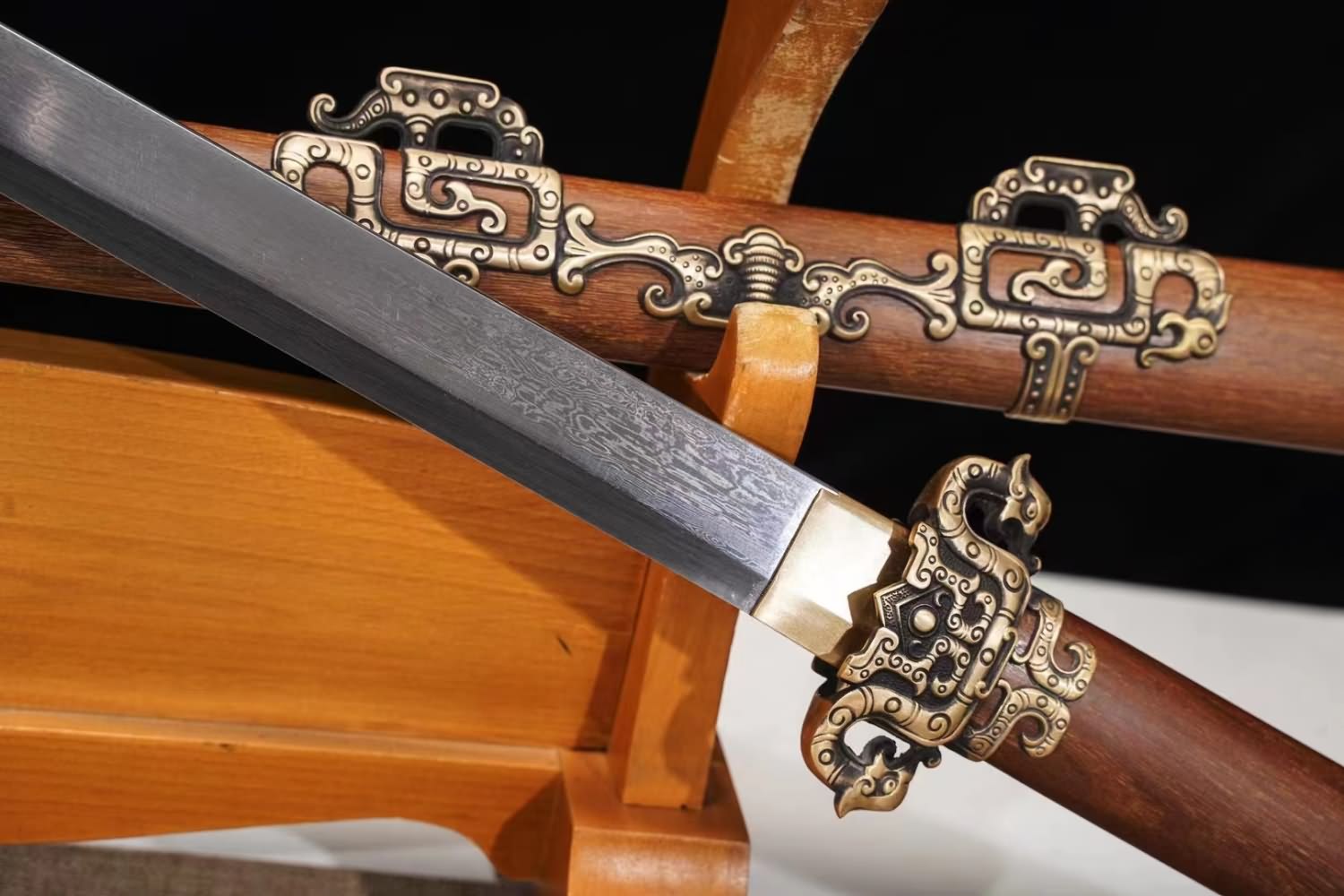 LOONGSWORD,Tang dao Swords-Handcrafted Damascus Steel Blade with Brass Fittings Rosewood Scabbard