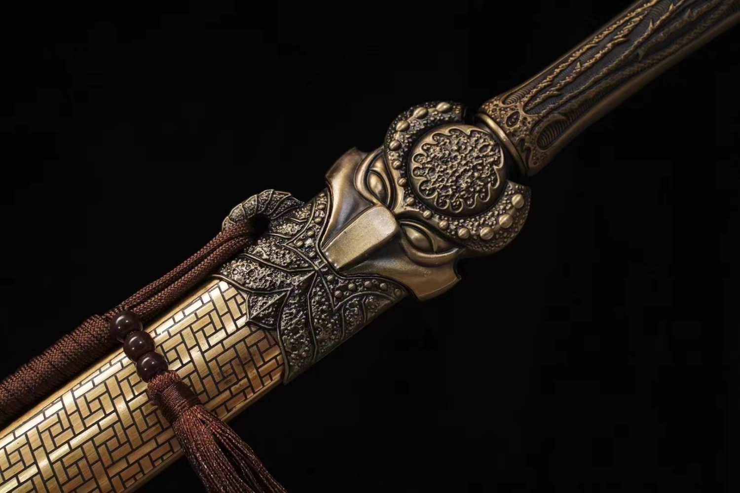 Traditional Chinese Tang Dao Sword-Hand Forged Damascus Steel Blade,Brass Scabbard