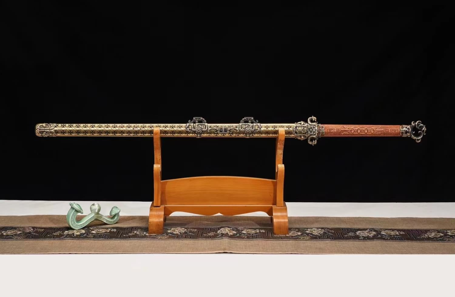 LOONGSWORD Chinese Sword Tang dao -Forged Damascus Steel Blade, Brass Scabbard, Collectible and Functional