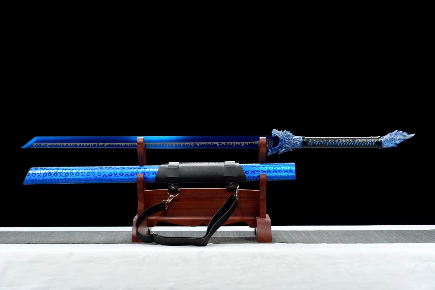 Handcrafted Blue Wolf-Head Dao Swords Real with Forged High Carbon Steel Blade- Faux Leather Scabbard and Alloy Fittings