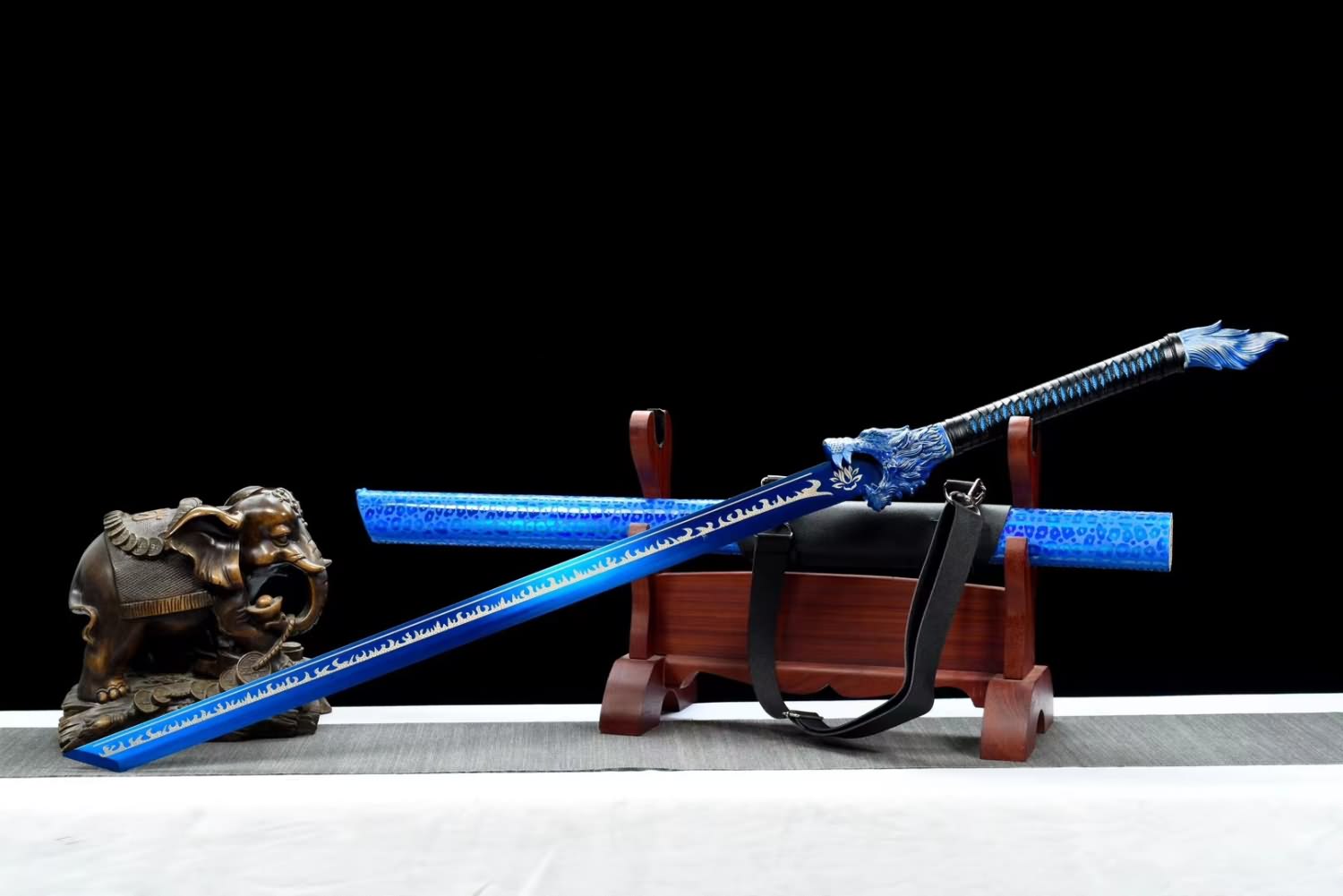 Handcrafted Blue Wolf-Head Dao Swords Real with Forged High Carbon Steel Blade- Faux Leather Scabbard and Alloy Fittings