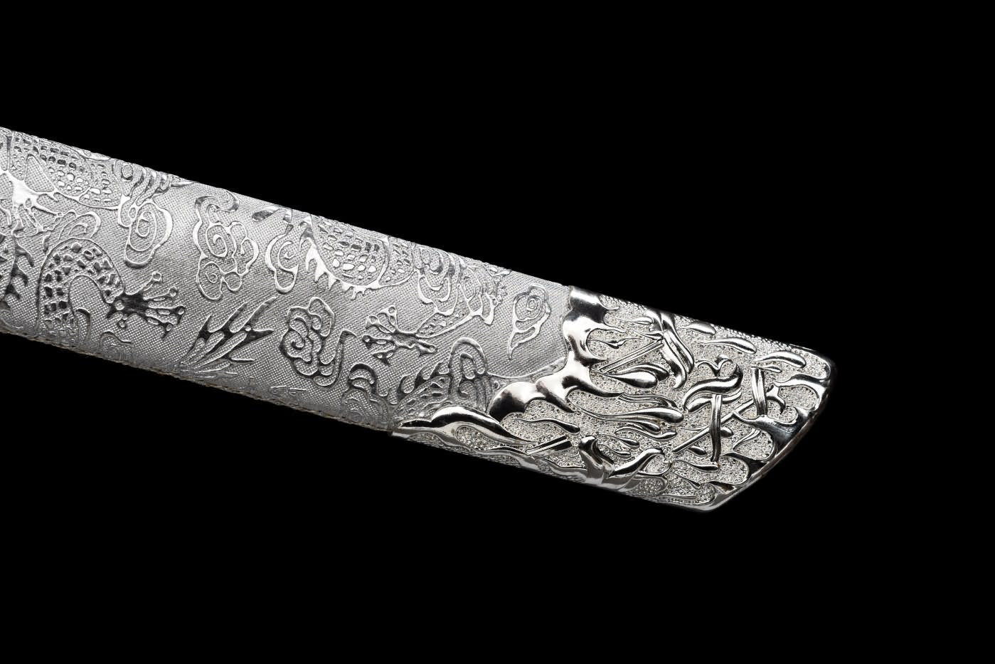 War Dragon dao Sword Real,High Carbon Steel Blade,Silver Leather Scabbard,LOONGSWORD