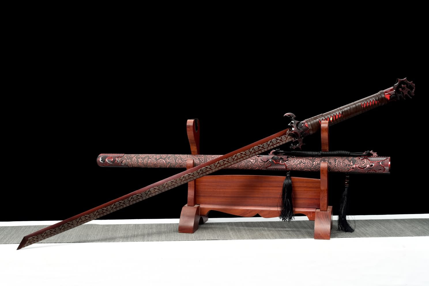 LOONGSWORD Red Dragon Tang dao Sword,Battle Ready Hand Forged High Carbon Steel Etched Blade