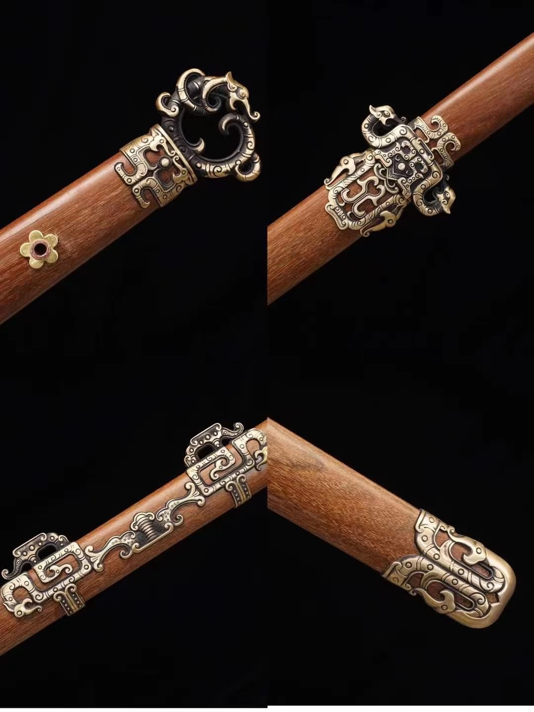 LOONGSWORD,Tang dao Swords-Handcrafted Damascus Steel Blade with Brass Fittings Rosewood Scabbard