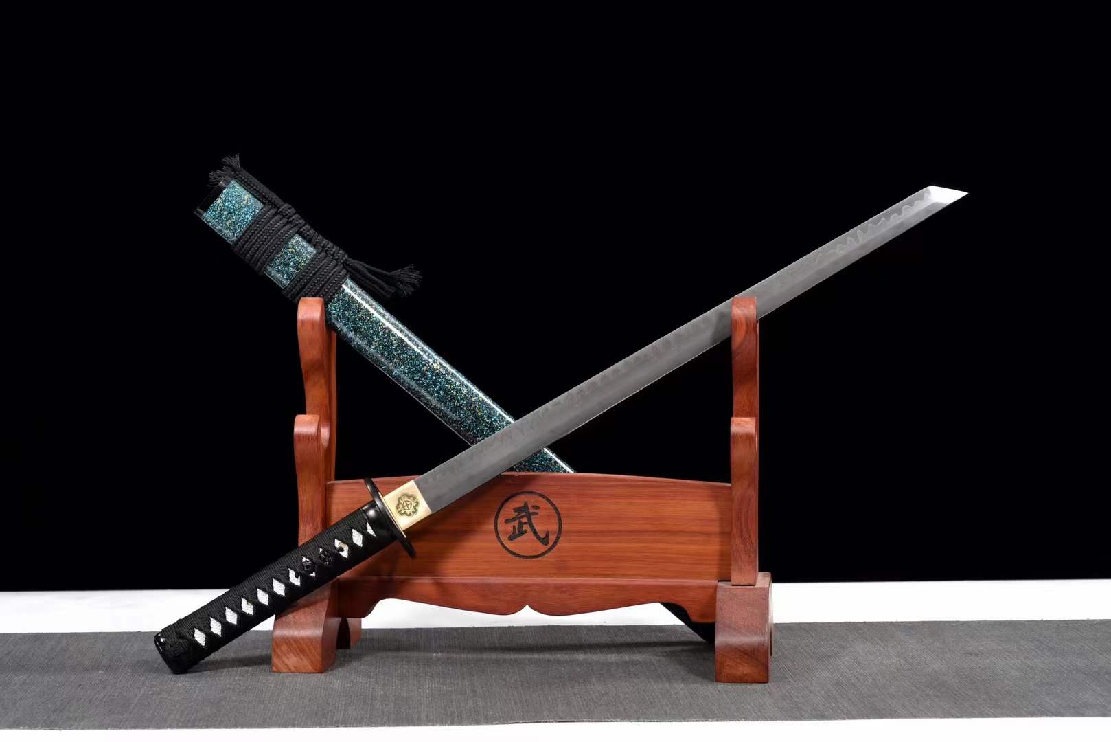 boxkatana Handmade Japanese Wakizashi Green Steel Shadow T10 burned edge