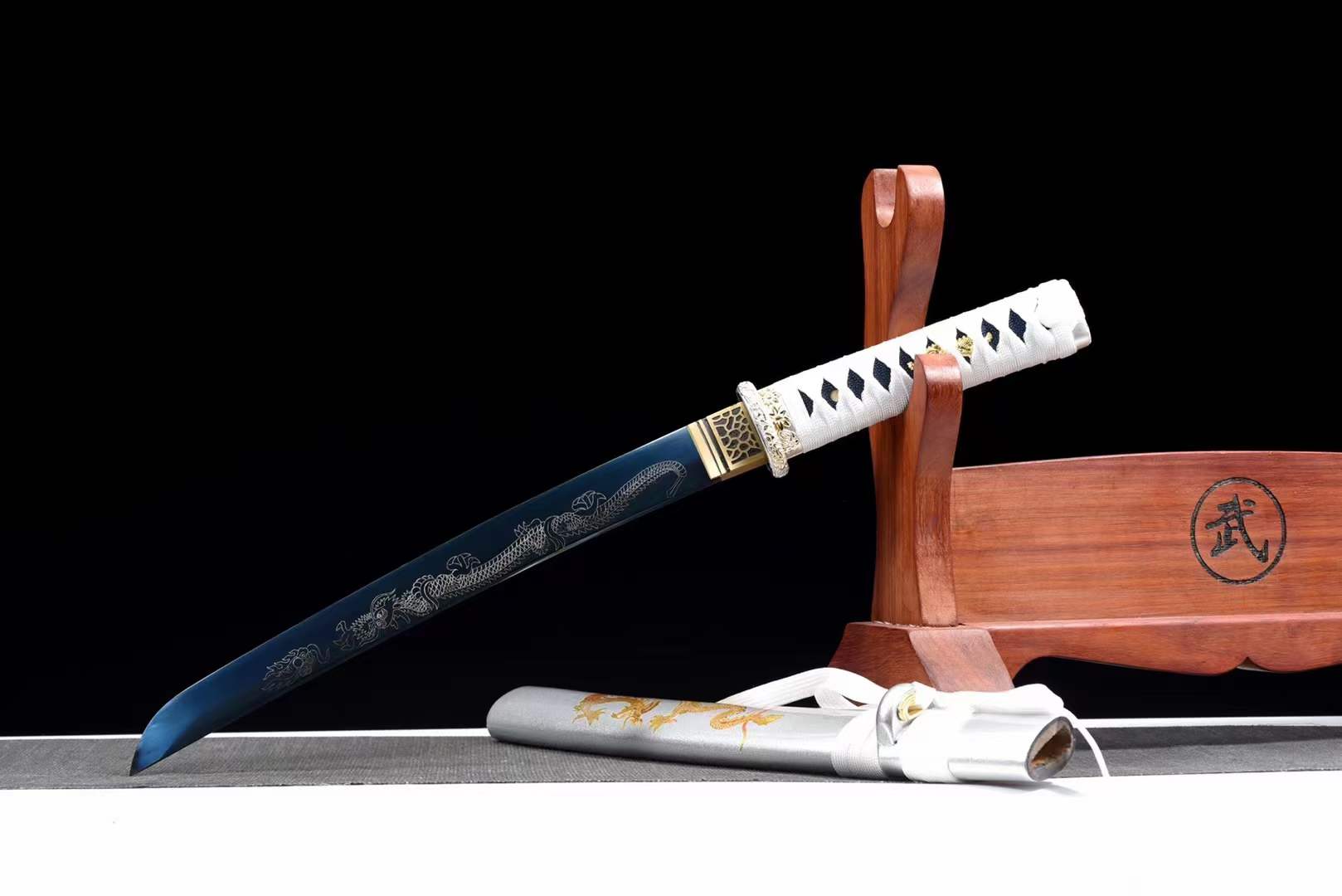 boxkatana Handmade Japanese Wakizashi White Dragon Chant Short Sword Blue Blade