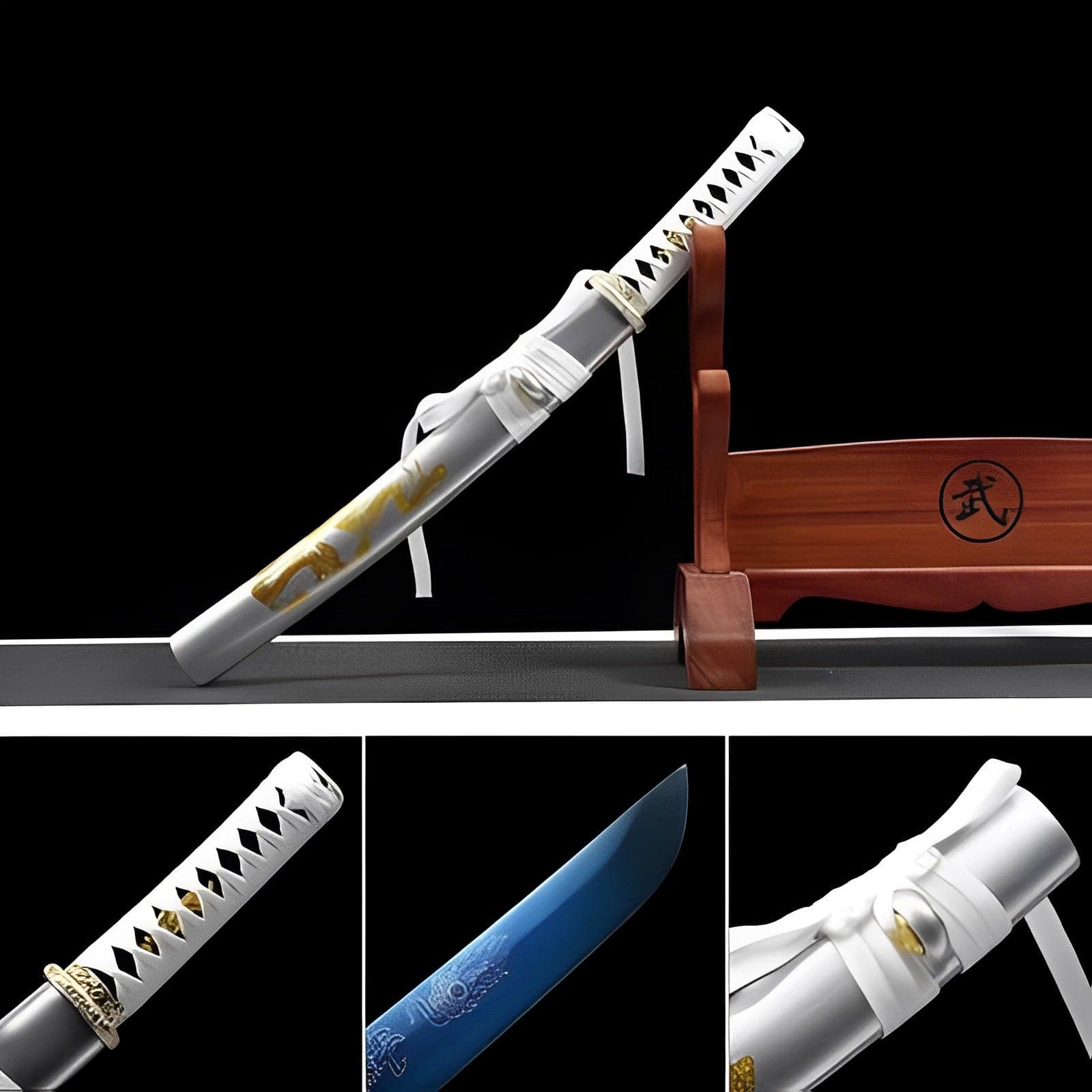 boxkatana Handmade Japanese Wakizashi White Dragon Chant Short Sword Blue Blade