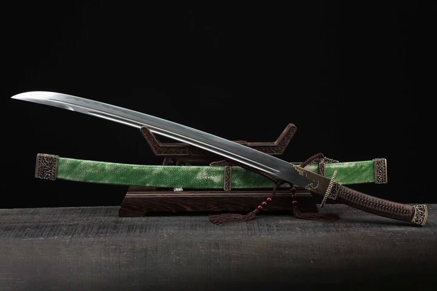 Qin Broadsword(Folded steel blade,Green skin Scabbard,Brass fitting)Length 37" - Chinese sword shop