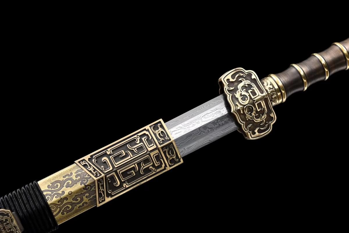 Hand Forged Ruyi Jian,Forged Folding steel Blade,Brass scabbard（Damascus steel）