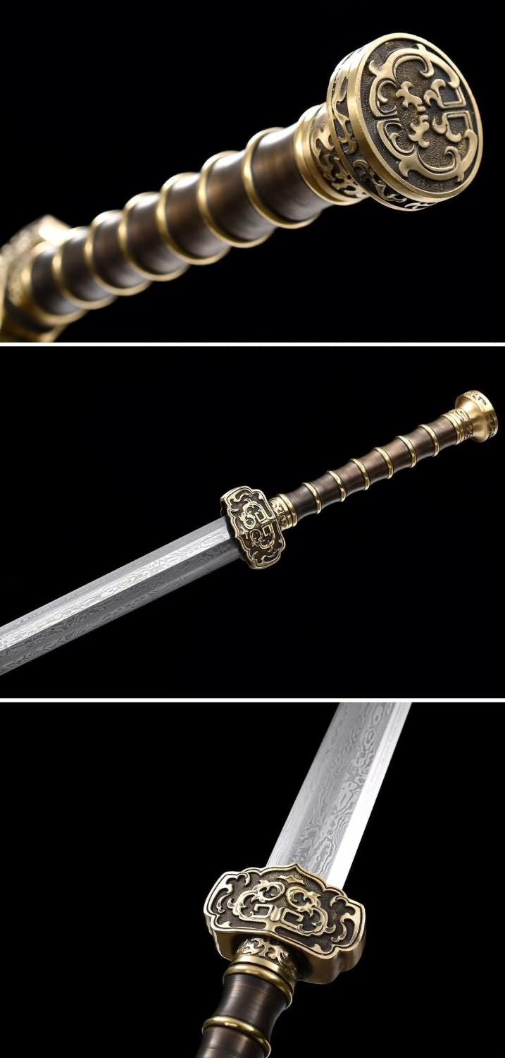 Hand Forged Ruyi Jian,Forged Folding steel Blade,Brass scabbard（Damascus steel）