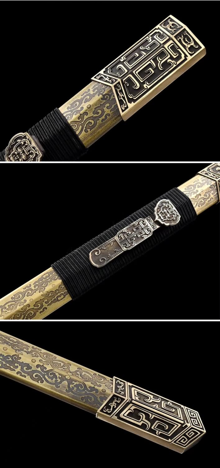 Hand Forged Ruyi Jian,Forged Folding steel Blade,Brass scabbard（Damascus steel）