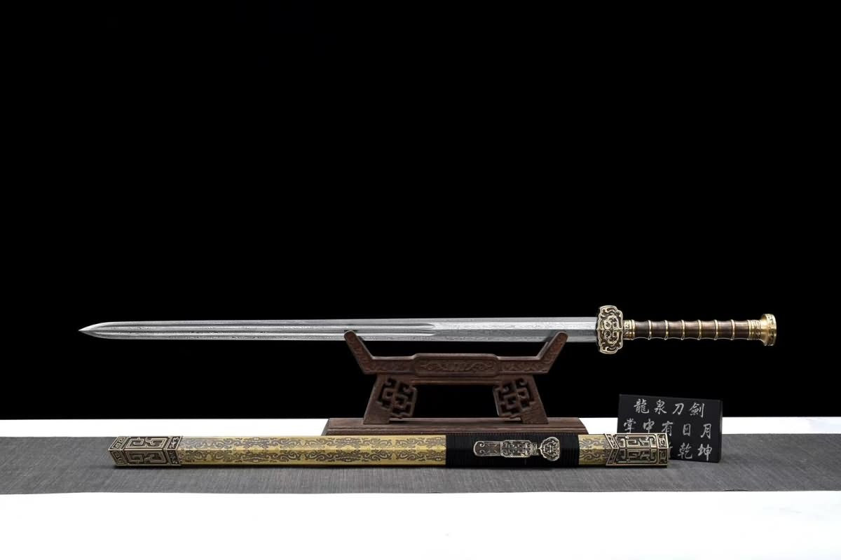 Hand Forged Ruyi Jian,Forged Folding steel Blade,Brass scabbard（Damascus steel）