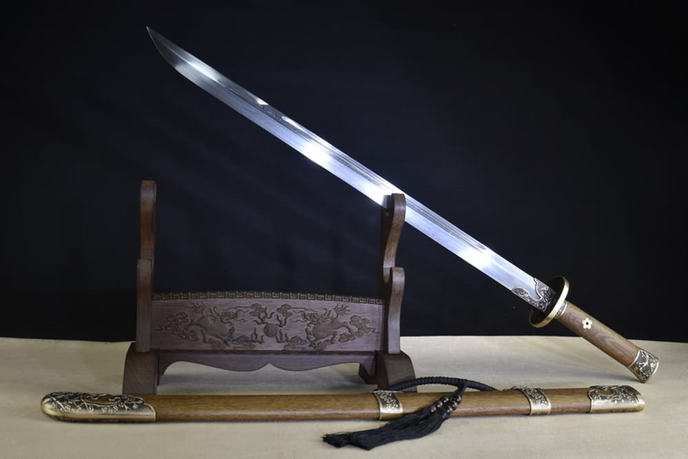 Qing Sword,Forged Damascus Steel Blade,Brass Fittings,Full Tang,Battle Ready
