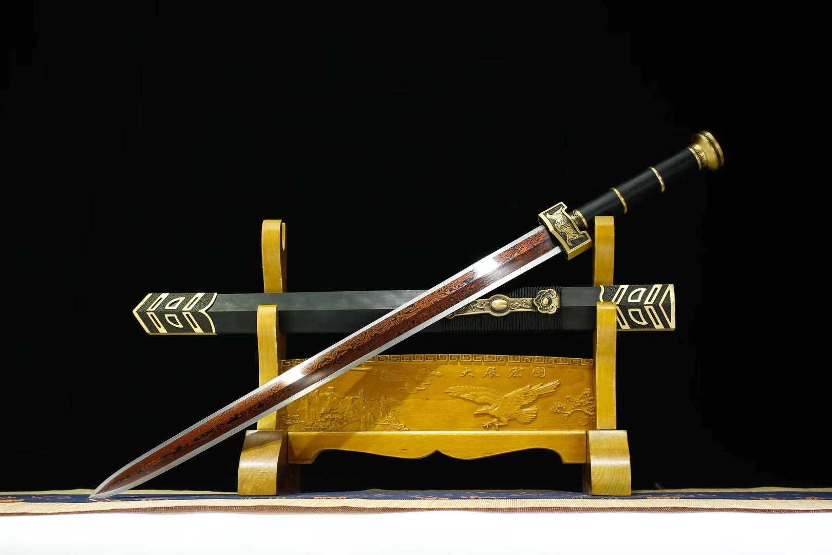 Ruyi jian,Handmade Damascus steel red bade,Black wood,Brass,Full tang - Chinese sword shop